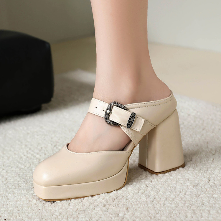 Fashion High Heel Pumps with Square Heel and Buckle Strap