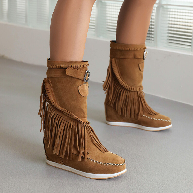 Punk High Heel Mid Calf Riding Boots with Color Block and Tassel