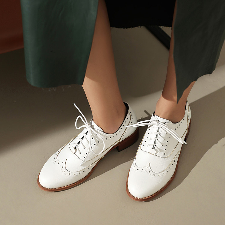 Women’s Deep Mouth Lace-Up Flat Shoes – PU Upper, Rubber Sole, Mid Chunky Heel