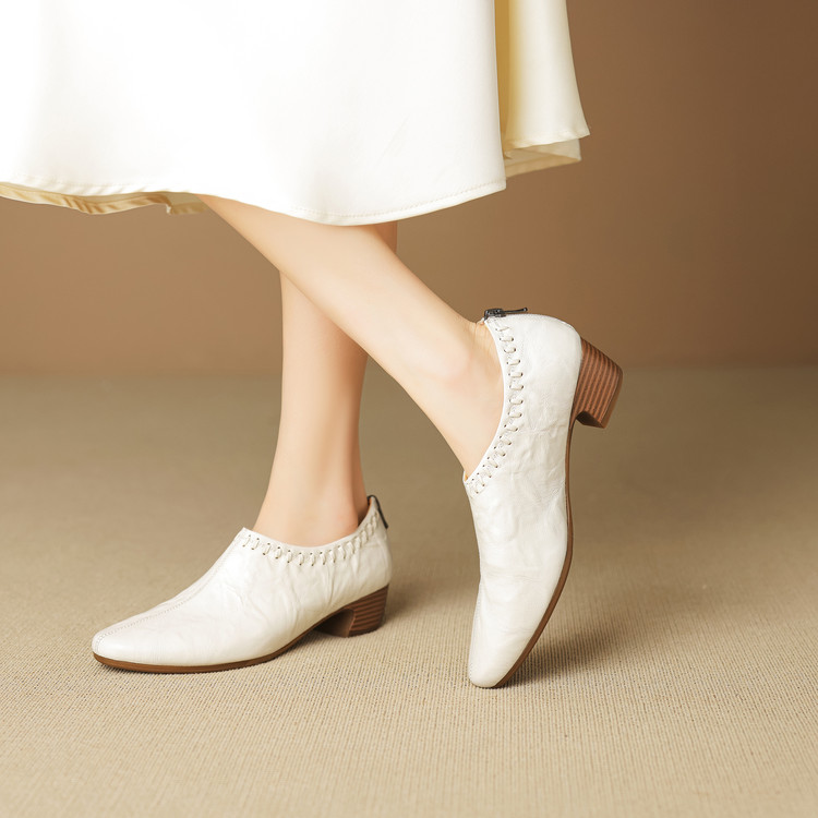 Women’s Retro Floral Embossed Leather Loafers with Chunky Mid Heel