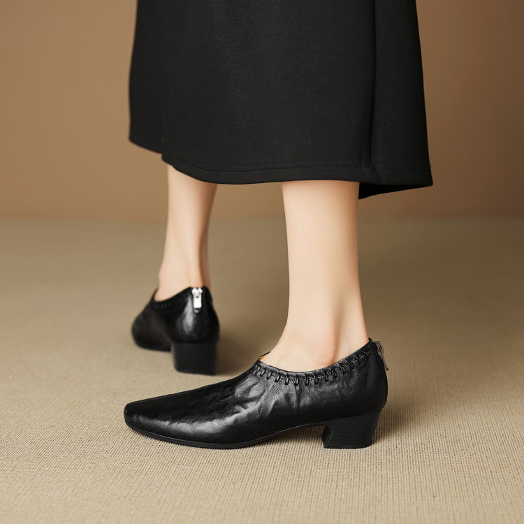 Women's Retro Floral Embossed Leather Loafers with Chunky Mid Heel - Image 4