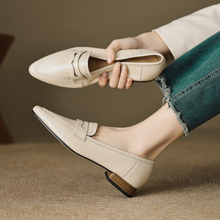 Women’s Square Toe Chunky Heel Loafers in Top Grain Leather